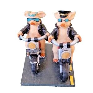 Youngs Hogs on a Hog Resin Figurine Pig Couple on Motorcycles  Biker Babe 3.5"